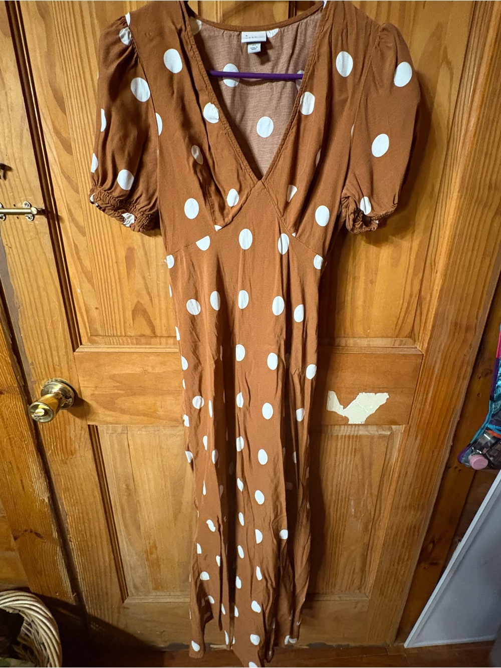 Polka Dot Puff Sleeve Maxi Dress - Brown & White